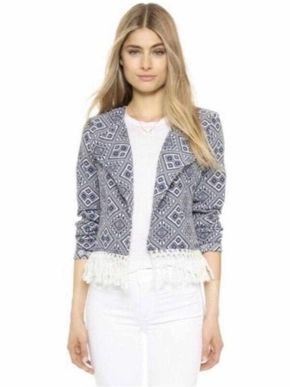 Cupcakes & Cashmere Jakob Jacquard Blazer Cardigan Fringe Womens Size Small